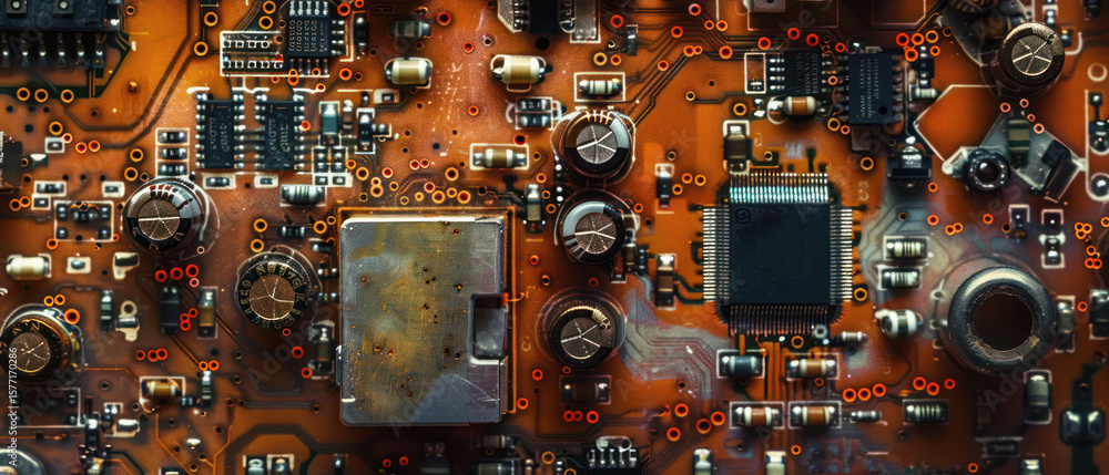 Fototapeta premium Electronic Components with Diverse Textures A macro shot of various electronic components on a PCB.