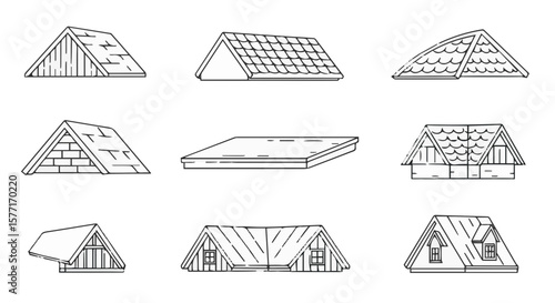 Detailed line art illustration showcasing different types of roof designs on white background