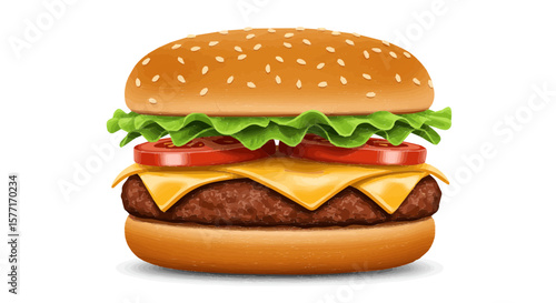 Detailed Illustration of a Classic Cheeseburger with Fresh Ingredients on White Background
