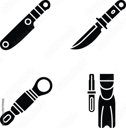 Collection of black silhouette icons representing survival tools and equipment