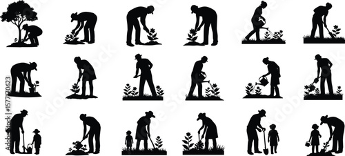 Silhouettes of people and children planting and watering trees – environmental conservation, nature care, ecology and reforestation illustration.
