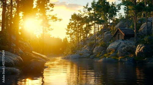 Forest riverside cabin at sunset