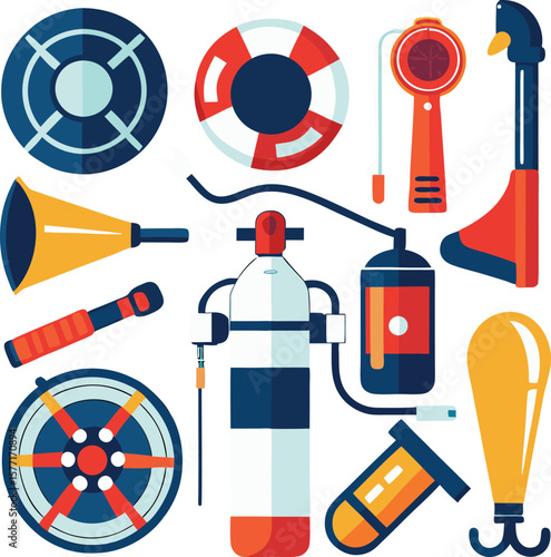 Collection of flat design rescue and safety equipment icons on white background