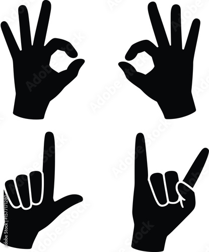 Collection of four black silhouette hand gestures on a white background