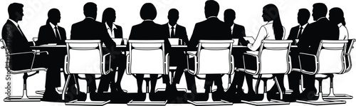 Business meeting silhouettes around conference table – corporate team discussion, boardroom strategy session, professionals seated in formal setting.