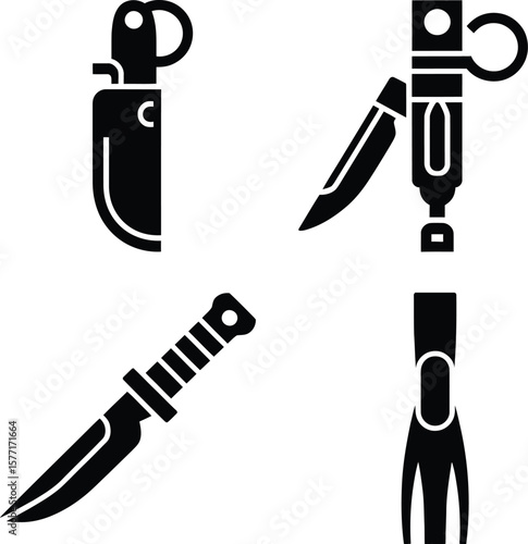 Collection of stylized black knife and sheath icons on a white background