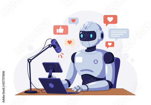 A futuristic robot, equipped with a microphone and laptop, sits at a desk, broadcasting online with social media icons surrounding it, indicating engagement.