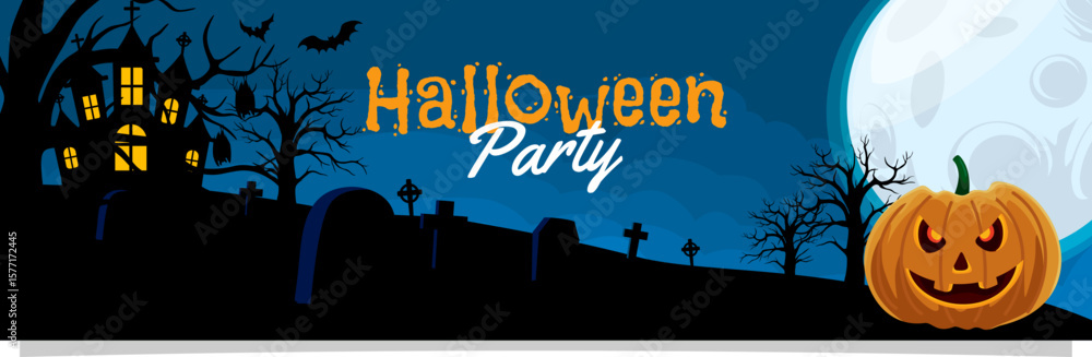 Fototapeta premium Halloween Party invitation with haunted house, tombstones, bare trees, pumpkin and full moon.