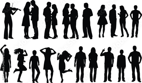Silhouettes of people in dynamic poses – couples talking, dancing, playing violin, expressive body language, group interaction, energetic motion, casual fashion, social concept.