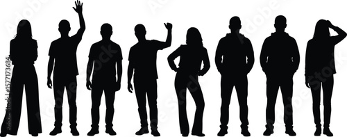 Casual people silhouettes standing, waving, posing – group of diverse men and women in streetwear, relaxed posture, casual outfits, youth lifestyle, diversity concept.