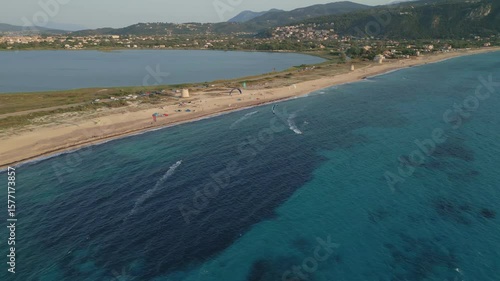 Kitesurfers Enjoying a Windy Day on a Sandy Beach – Aerial View, Lefkada Island