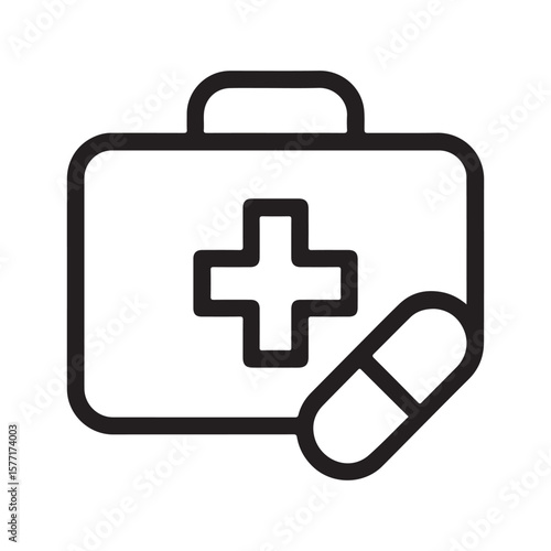 A black outline of medical kit with plus sign and capsule is shown