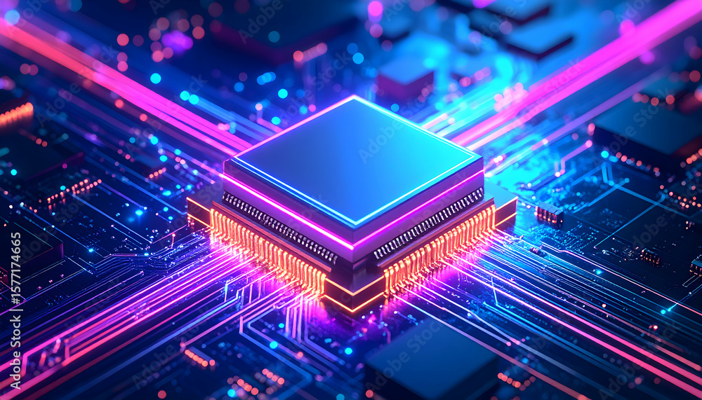Vibrant digital pathways illuminate a powerful central processing unit on a futuristic circuit board Vibrant digital pathways illuminate a powerful central processing unit on a futuristic circuit board