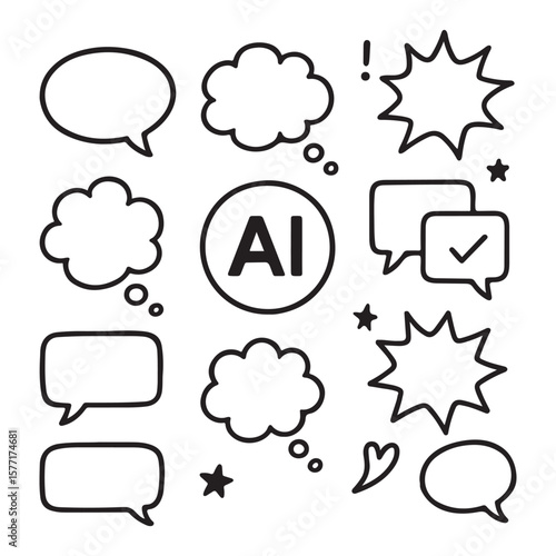 Simple black line art illustrates multiple communication bubbles, artificial intelligence symbol, stars, and heart transparent background