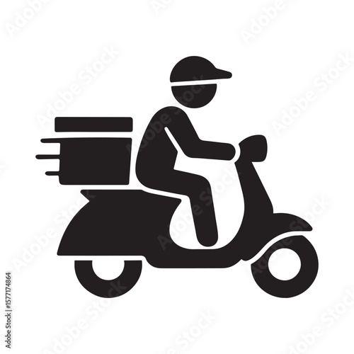 Silhouette person transports items on a black scooter, depicted over a white background