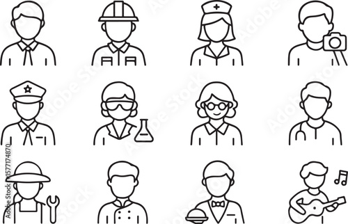 Twelve unique people line icons depicting professionals and occupations against a transparent backdrop