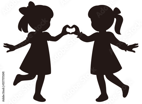 2人の女の子が一緒に手でハートを作るベクターシルエットイラスト(Vector Silhouette Illustration of Two Girls Making a Heart Shape Together with Their Hands)