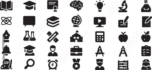 Black glyph icons represent education, science, and research on a transparent background