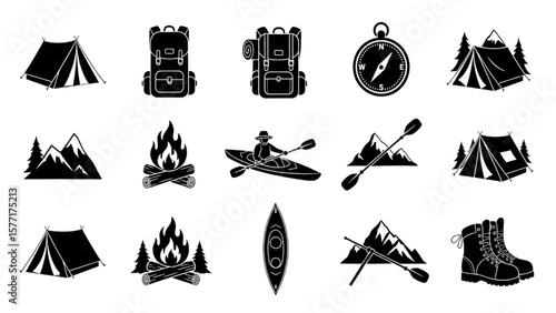 Camping and Outdoor Adventure Icon Set – Tent, Backpack, Campfire, Kayak, Hiking, Compass, Wilderness Glyph Vector

