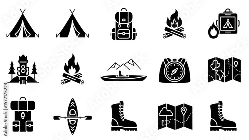 Camping and Outdoor Adventure Icon Set – Tent, Backpack, Campfire, Kayak, Hiking, Compass, Wilderness Glyph Vector


