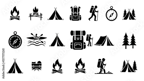 Camping and Outdoor Adventure Icon Set – Tent, Backpack, Campfire, Kayak, Hiking, Compass, Wilderness Glyph Vector

