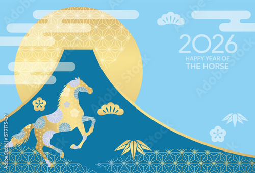 2026, Year Of The Horse, New Year Greeting Card Vector Template With A Horse Symbol, Mt. Fuji, And The Rising Sun Decorated With Vintage Japanese Patterns.