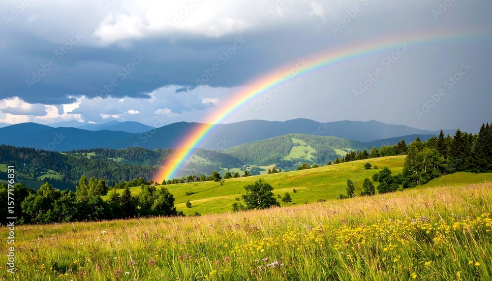 Naklejka premium Breathtaking Rainbow Arches Over Lush Green Meadow and Mountain Scenery.