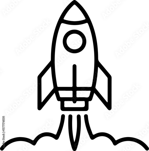 Simple black line art rocket ship launching with smoke and flames against a white background