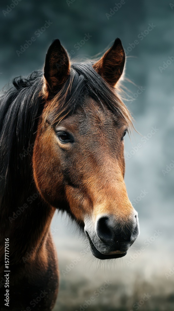 Obraz premium Majestic horse portrait captured in soft light on a cool day in a tranquil countryside setting
