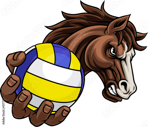 Horse mustang bronco stallion angry volleyball sports team mascot holding a ball.