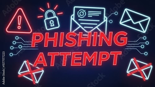 Neon graphic depicting a phishing attempt, warning of email scams and online security threats.