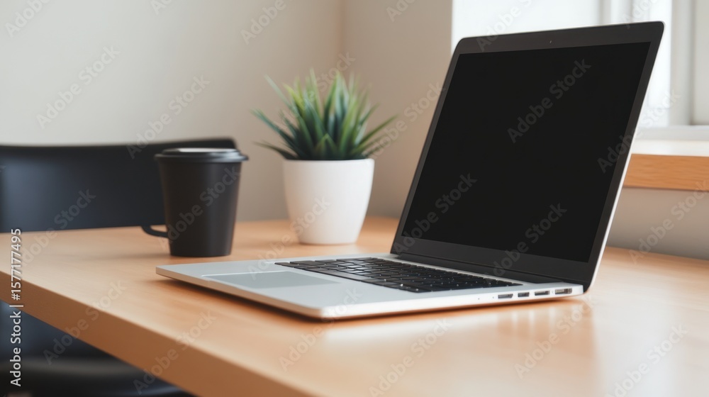 Fototapeta premium Laptop on a desk, coffee, plant