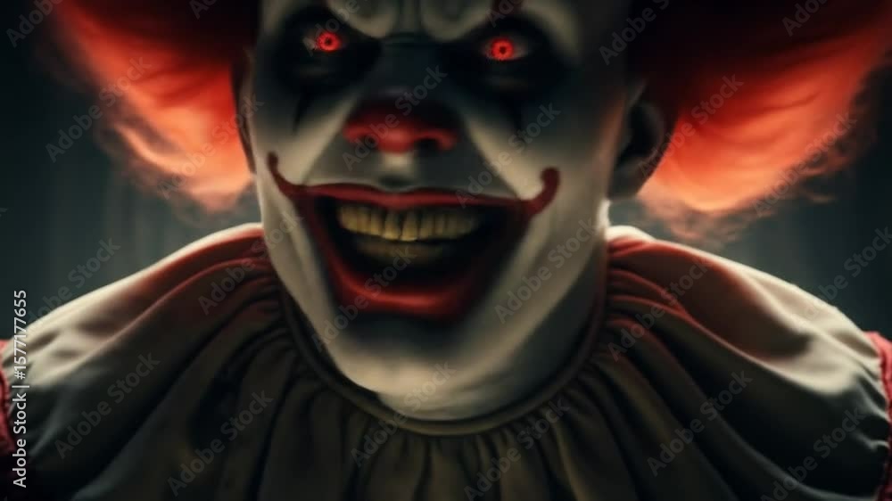 A menacing clown with a sinister expression, close-up view, showcasing a frightening and disturbing character. A menacing clown with a sinister expression, close-up view, showcasing a frightening and disturbing character.