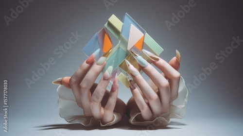 Beautiful hands with long colorful nails delicately holding a geometrical crystal structure suggesting art creativity and abstract design against neutral backdrop.
