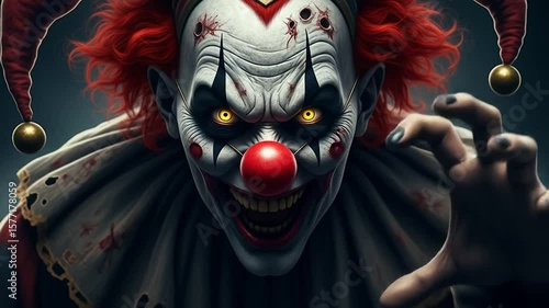 A menacing clown with a sinister expression, close-up view, showcasing a frightening and disturbing character.