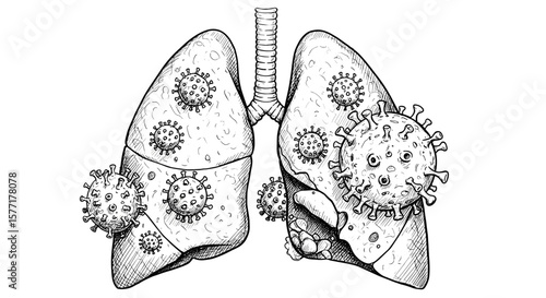 Viruses attacking human lungs medical black and white sketch illustration

