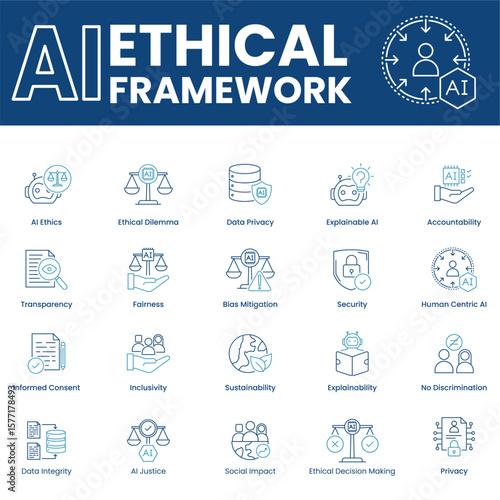 AI Ethical Framework Icon Set – Visual Representation of Core Ethical Principles, Responsible Governance, and Transparent AI Practices. Editable stroke. 