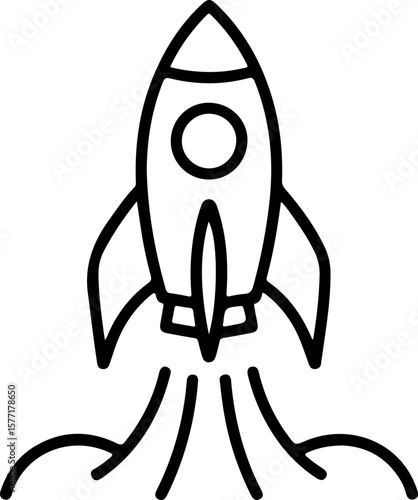 Simple black line art icon of a rocket launching with smoke trails