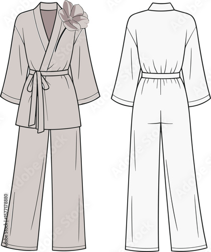 Women's lounge set, stylish kimono robe and pants, modern fashion illustration, comfy sleepwear design, elegant casual outfit template, front and back view.