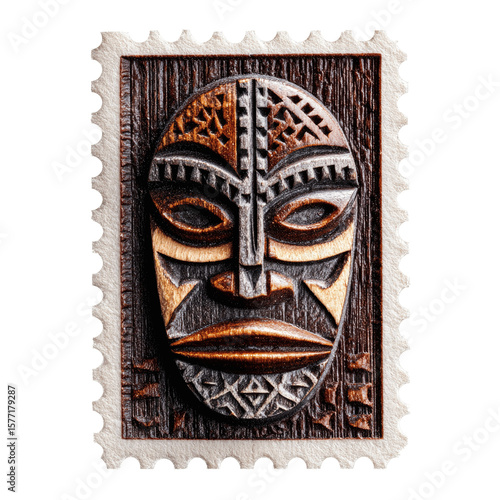 Tiki Mask on Postage Stamp - Polynesian Tribal Art