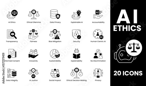 AI Ethics Icon Set – Visual Representation of Core Ethical Principles, Transparency, and Accountability in AI Governance and Responsible Development. Vector illustration. 