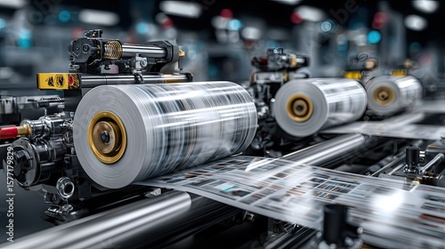 Label printing machine rolls closeup with modern factory background, industrial packaging production concept for ads