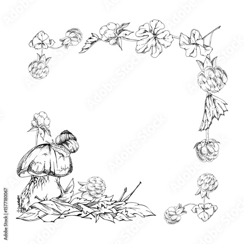 Bolete cep mushroom with snail on top of fallen autumn leaves pile, cloudberry berries twigs. Square corner frame hand drawn in vector ink. Fungus forest harvest. Calendar elements, cards labels tags