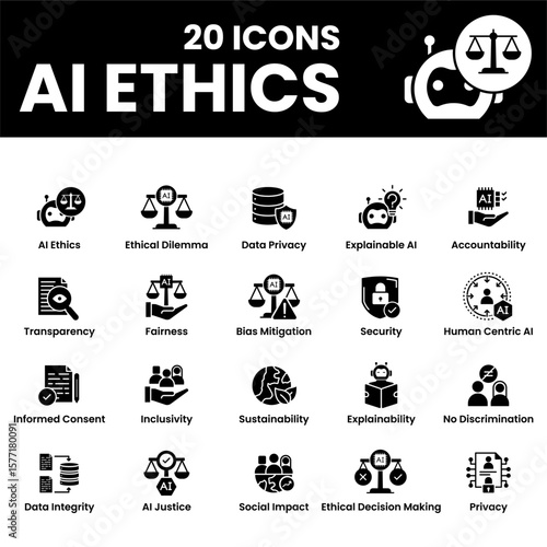 AI Ethics Icon Set – Featuring AI Ethics, Data Privacy, Explainable AI, Transparency, Fairness, Accountability. Black Vector illustration. 