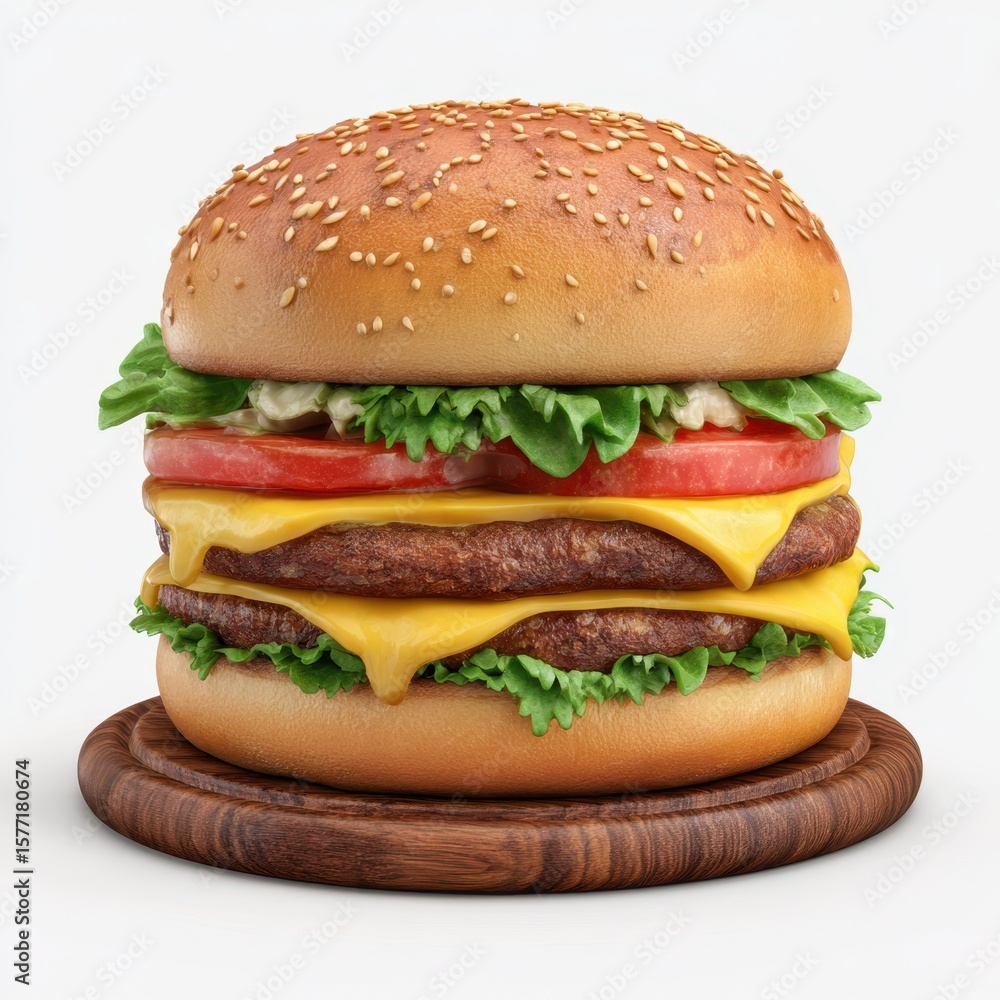 Delicious double cheeseburger with fresh lettuce and tomato on a wooden board isolated on white background Delicious double cheeseburger with fresh lettuce and tomato on a wooden board isolated on white background
