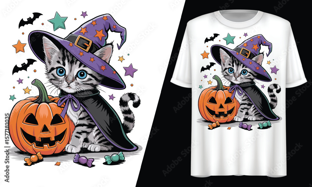 Fototapeta premium Halloween Witch Cat With Pumpkin, T-Shirt Design.