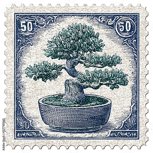 Vintage Postage Stamp Featuring a Bonsai Tree