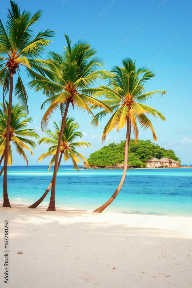 Tropical Paradise Beach Scene with Palm Trees Tropical Paradise Beach Scene with Palm Trees