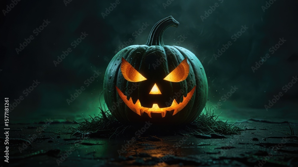 Naklejka premium A glowing jack-o'-lantern with a carved face sits in a dark, eerie environment.