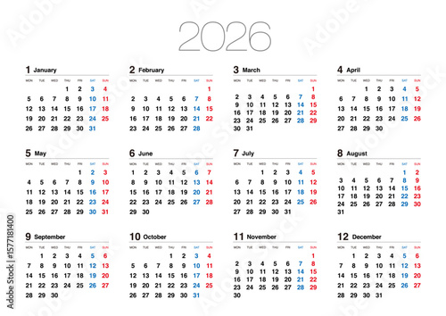 2026年の月曜始まりの年間カレンダーで、日本の祝日表記はありません。横位置